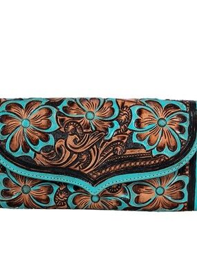 Myra Bag -Hand-tooled Turquoise and Brown Floral Crest Ridge Wallet